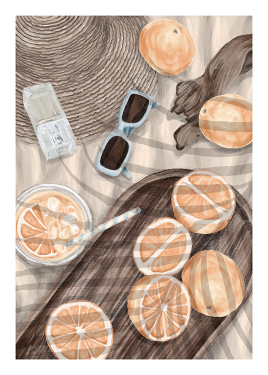 – Poster van een picknick met sinaasappels en accessoires