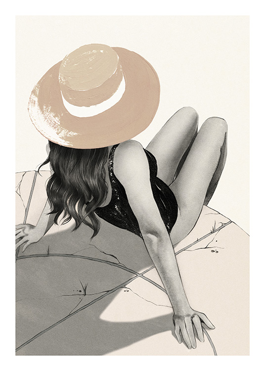– Poster van een vrouw die zonnebaadt