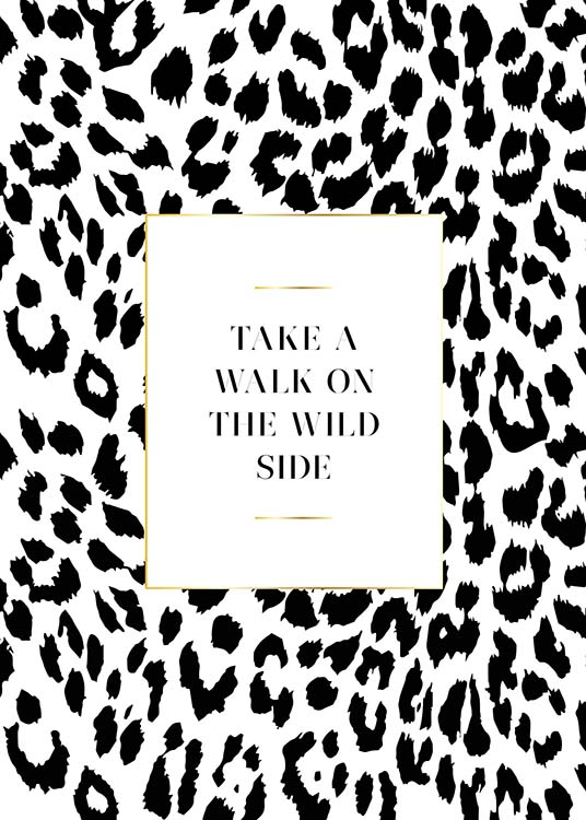  – Tekstposter met een quote in een wit vierkant en luipaardpatroon als achtergrond