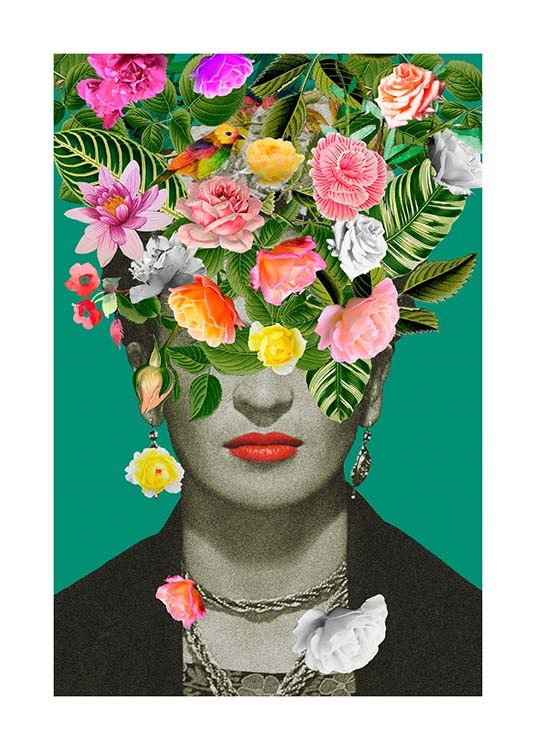  – Grafische illustratie met Frida Kahlo die is bedekt door bloemen tegen een groene achtergrond