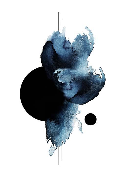  – Aquarel met abstracte vormen in zwart en blauw op een witte achtergrond