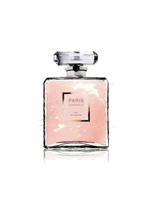  – Roze aquarel van een parfumfles met het woord PARIS