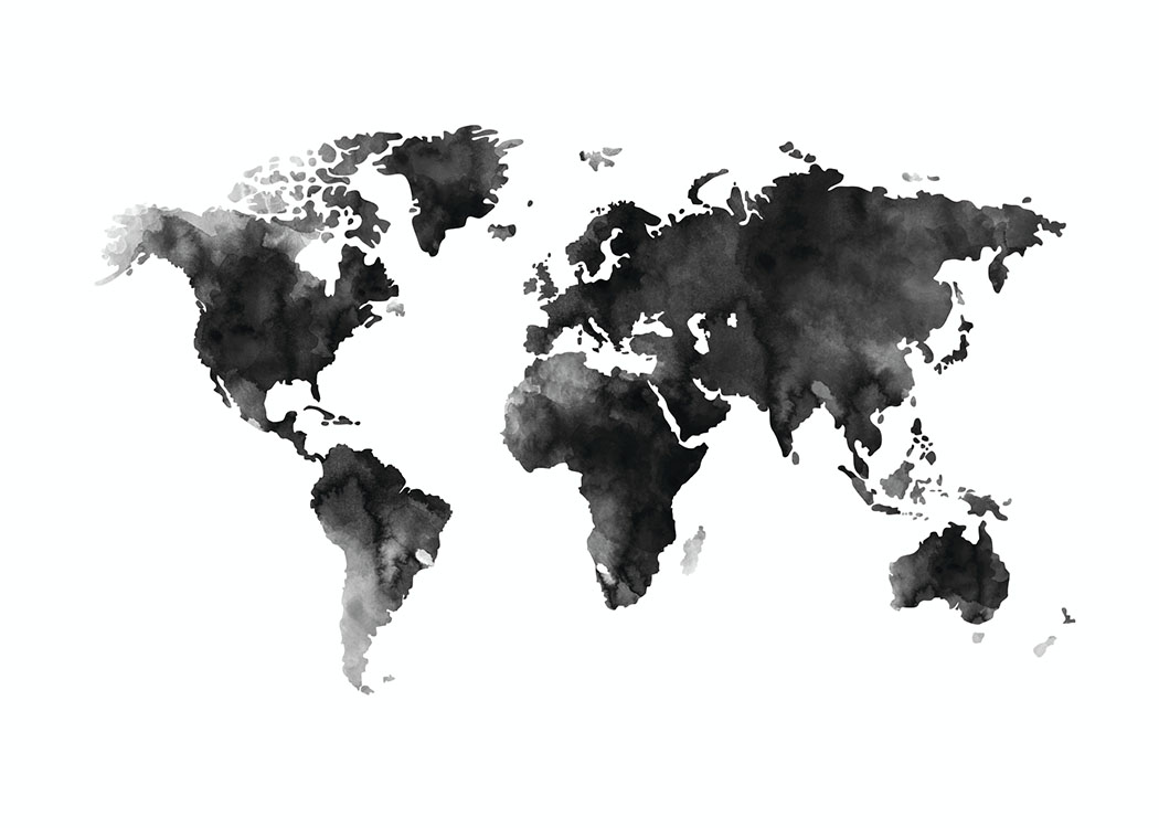  – Zwart witte aquarel van een wereldkaart