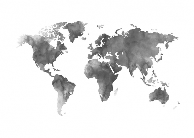  – Aquarel van een grijze wereldkaart op een witte achtergrond