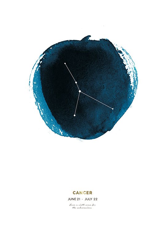  – Illustratie met het sterrenbeeld Kreeft binnen een blauwe cirkel met daaronder tekst