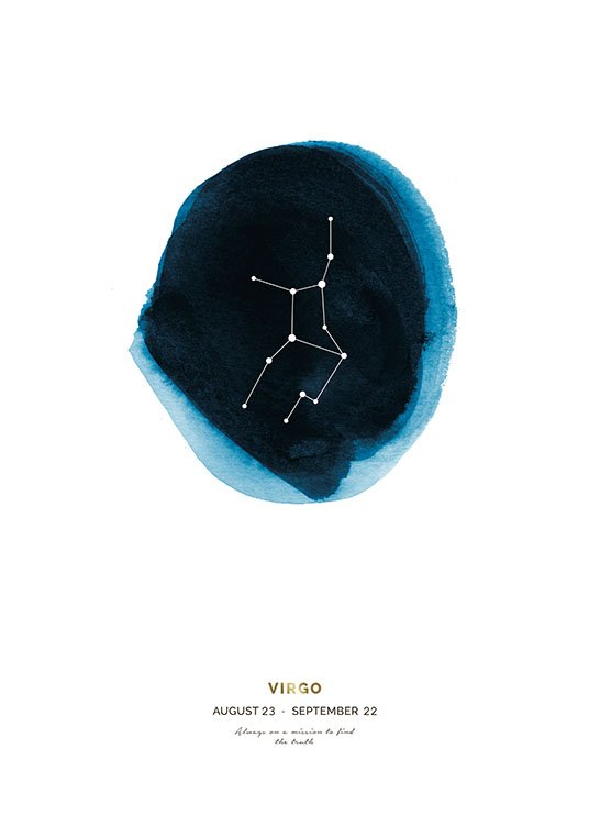  – Het sterrenbeeld Maagd in een blauwe cirkel, geschilderd in aquarel op een witte achtergrond