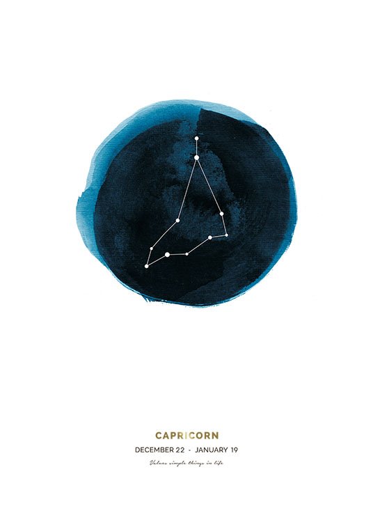  – Sterrenbeeldposter met het teken Steenbok op een blauwe cirkel met daaronder tekst