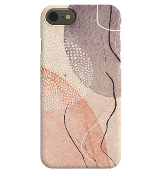  – iPhone hoesje met abstracte vormen in paars en roze en een vorm van witte stippen
