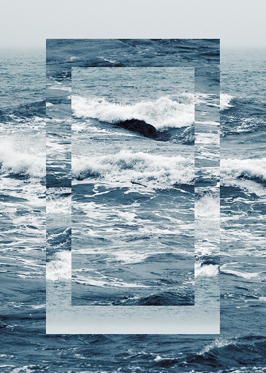  - Grafische foto van een blauwe, stormachtige oceaan met een rechthoek in het midden