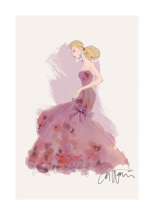  – Illustratie van een vrouw die een lange, paarse jurk met roze details draagt