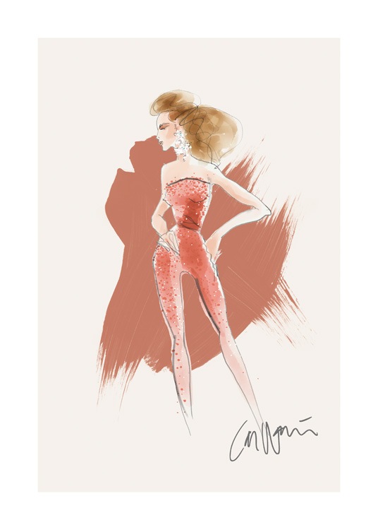  – Illustratie van een vrouw die in een rode jumpsuit met parels erop staat, op een beige achtergrond met rode penseelstreken