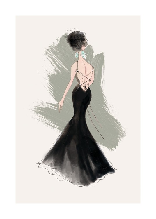  – Illustratie van een vrouw in een zwart gewaad met veters op de rug en diamanten oorbellen
