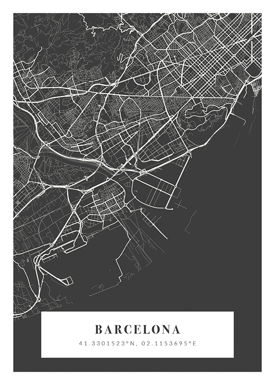  – Geïllustreerde stadsplattegrond in grijs en wit met stadsnaam en coördinaten aan de onderkant