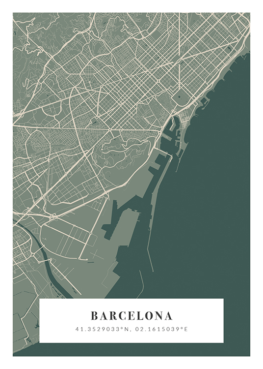  – Beige en groene stadsplattegrond met stadsnaam en coördinaten aan de onderkant