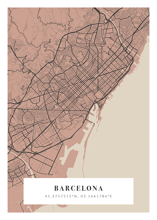  – Stadsplattegrond in roze, donkergrijs en beige met coördinaten en stadsnaam aan de onderkant