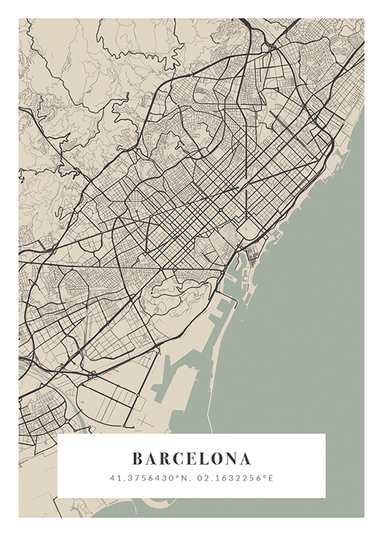  – Lichtgroene, beige en donkergrijze stadsplattegrond met stadsnaam en coördinaten aan de onderkant