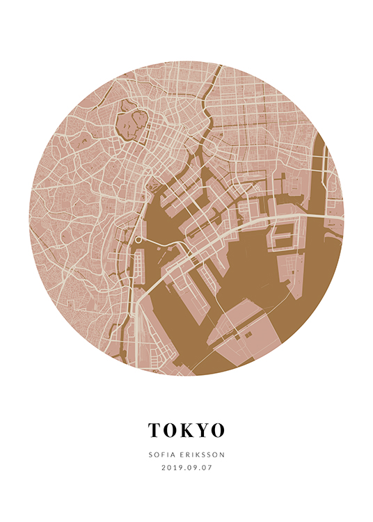  – Bruin en roze, ronde stadsplattegrond met tekst eronder
