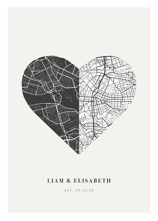  – Hartvormige stadsplattegrond in zwart en wit op een lichtgrijze achtergrond met tekst aan de onderkant