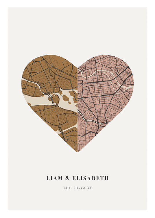  – Stadsplattegrond in hartvorm in bruin en roze op een lichtgrijze achtergrond met tekst eronder