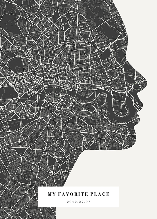  – Stadsplattegrond in zwart-wit in de vorm van het silhouet van een gezicht met tekst aan de onderkant