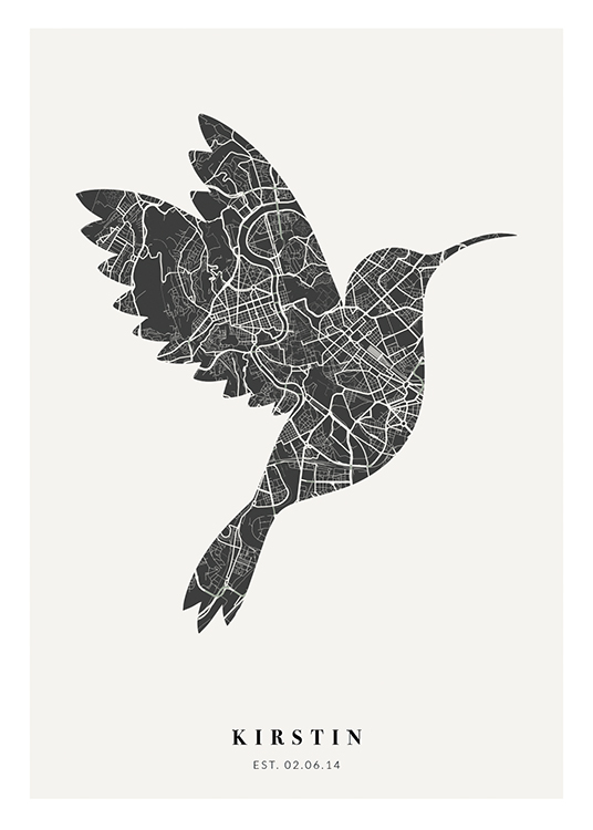  – Stadsplattegrond in zwart en wit in de vorm van een vogel met tekst aan de onderkant