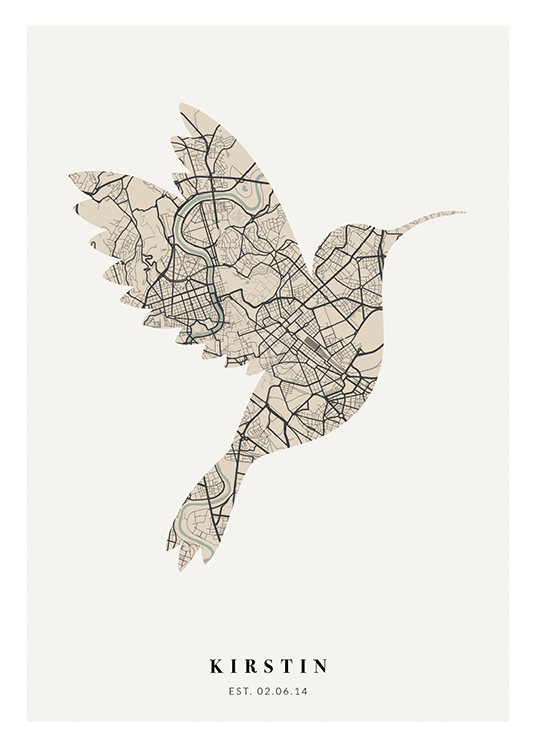  – Vogelvormige stadsplattegrond in beige en zwart op een lichtgrijze achtergrond met tekst eronder