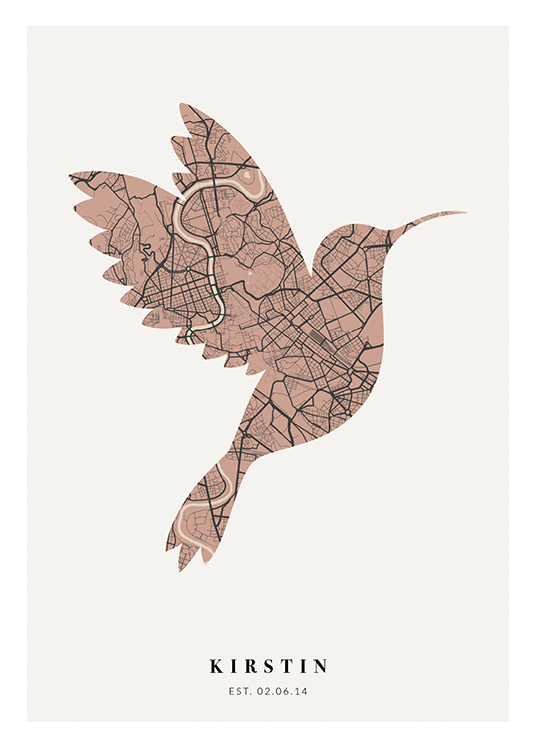  – Stadsplattegrond in roze en donkergrijs, gevormd als een vogel, met tekst aan de onderkant