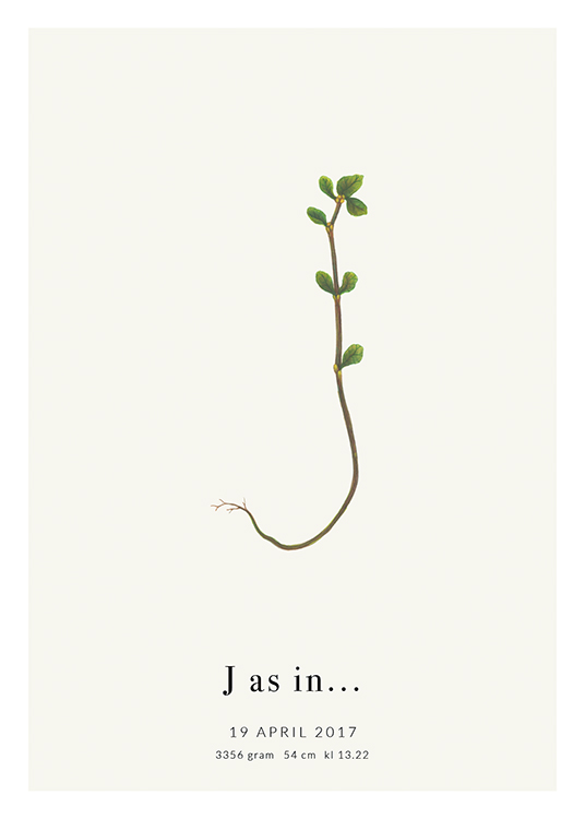  – De letter J in de vorm van een kleine plant, met tekst aan de onderkant