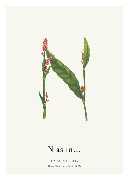 – De letter N gevormd door rode bloemen en groene bladeren, met tekst eronder