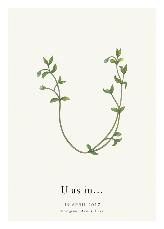  – De letter U gevormd door groene bladeren, met tekst eronder