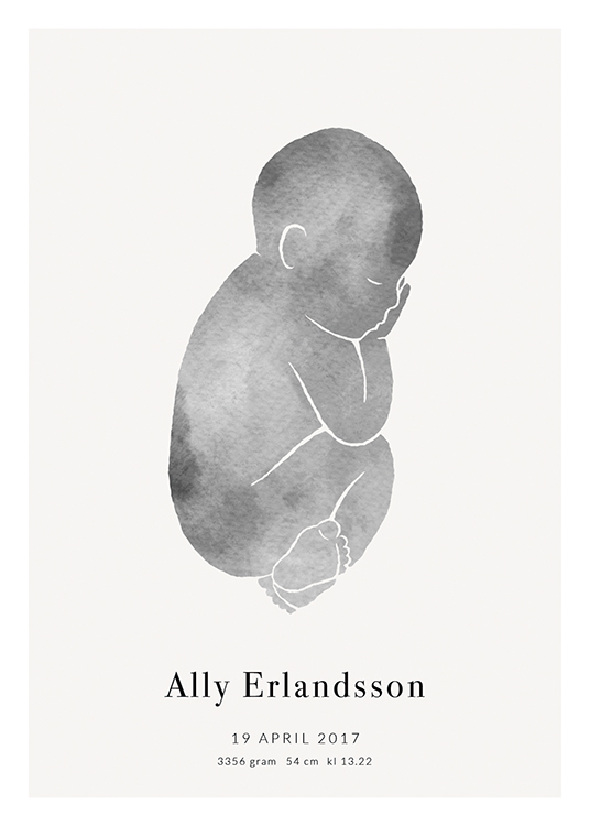 – Een baby getekend in grijs op een lichtgrijze achtergrond met tekst aan de onderkant