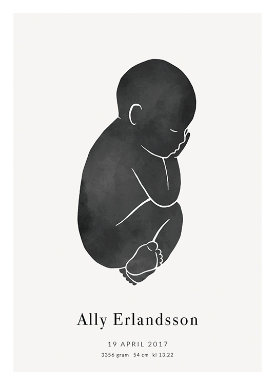  – Een baby in zwart op een lichtgrijze achtergrond met tekst eronder
