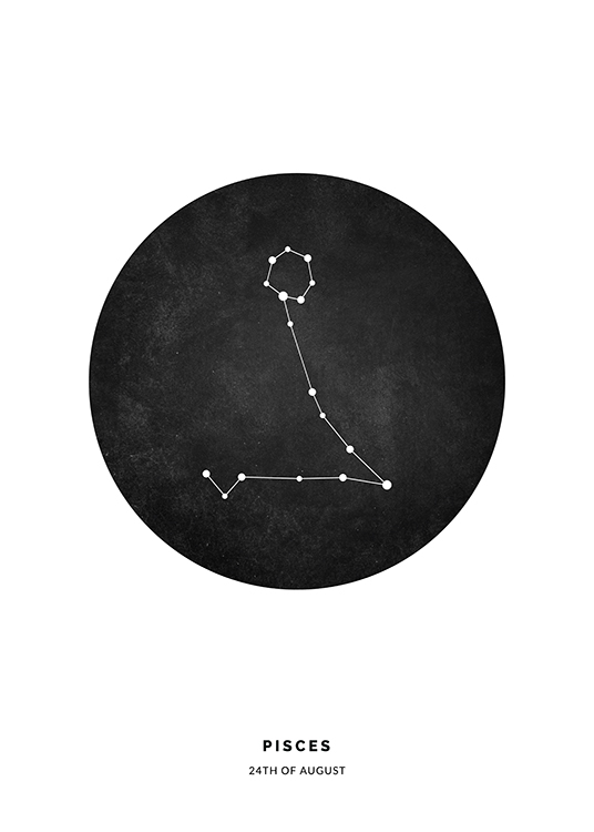 – Illustratie van het sterrenbeeld Vissen in een zwarte cirkel op een witte achtergrond