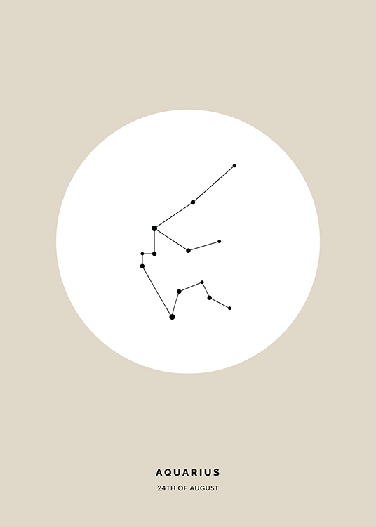  – Illustratie van het sterrenbeeld Waterman in zwart in een witte cirkel op een beige achtergrond