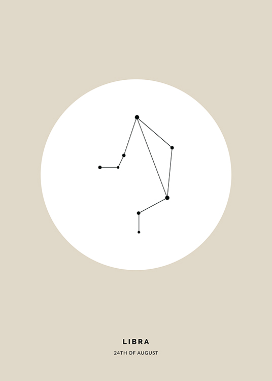  – Illustratie van het sterrenbeeld Weegschaal in zwart in een witte cirkel op een beige achtergrond