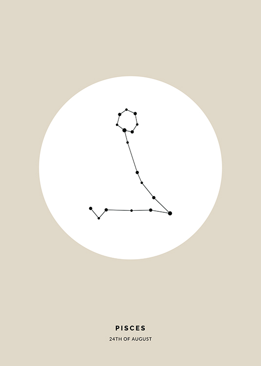  – Illustratie van het sterrenbeeld Vissen in zwart in een witte cirkel op een beige achtergrond