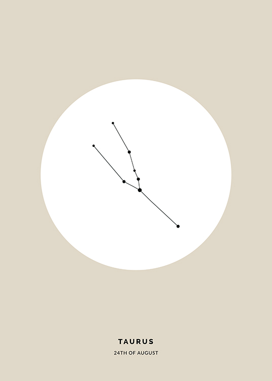  – Illustratie van het sterrenbeeld Stier in zwart in een witte cirkel op een beige achtergrond