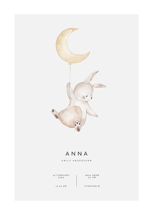  – Illustratie van een klein konijntje dat een maanvormige ballon vasthoudt