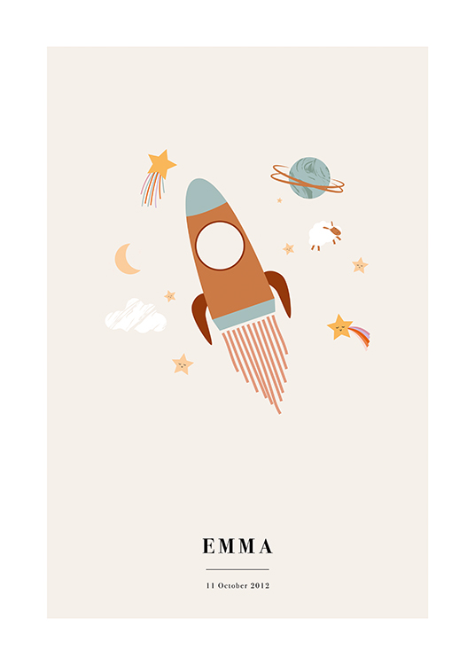  – Illustratie met astronomiesymbolen rond een raket tegen een beige achtergrond