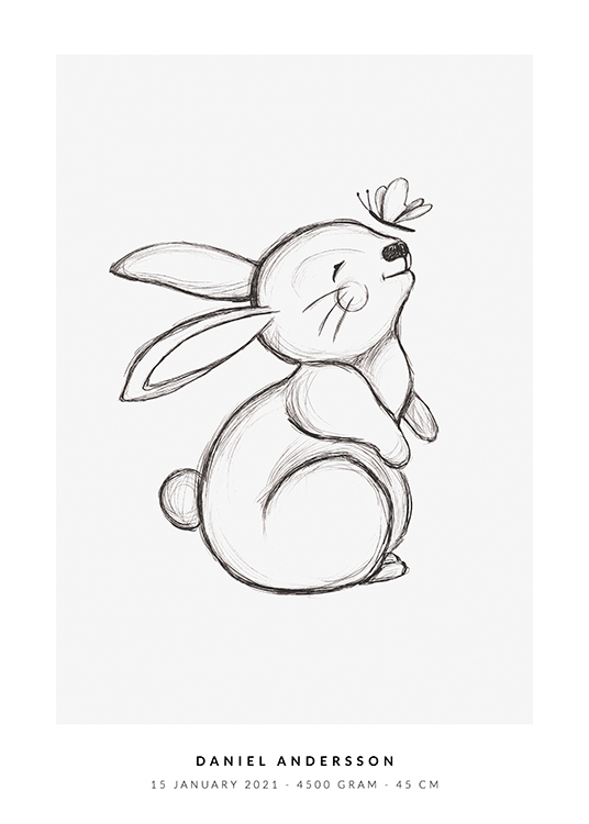  – Illustratie van een klein konijntje met een vlinder die zijn neus raakt