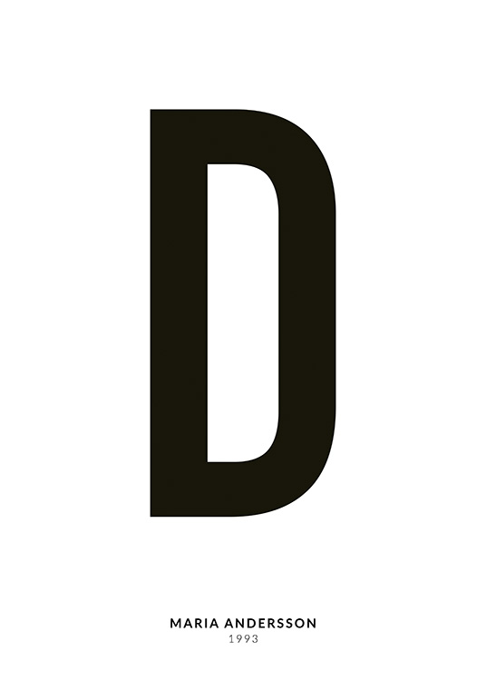 – Een minimalistische tekstposter met de Letter D en kleinere tekst eronder op een witte achtergrond