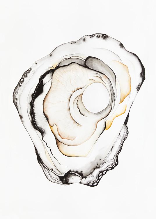  - Aquarel van een oester in grijs met zwarte en gele details op een grijze achtergrond
