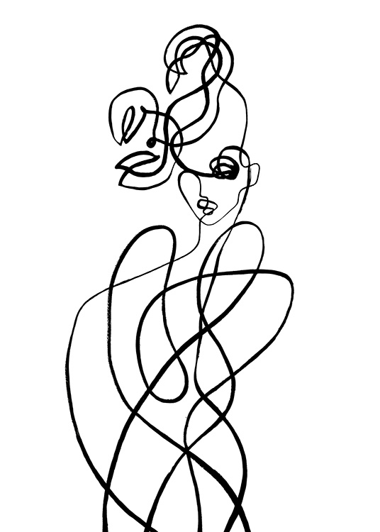  – Abstracte zwart-witte line art tekening van een lichaam met scharen boven het hoofd geïnspireerd op het sterrenbeeld Schorpioen
