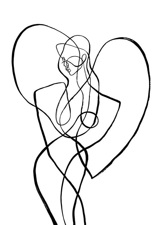  – Abstracte line art tekening van een lichaam in een hart, geïnspireerd op het sterrenbeeld Maagd