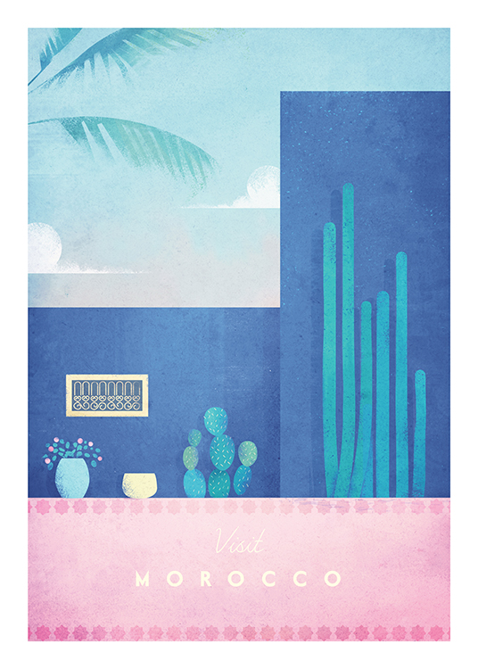  – Illustratie van een roze en blauw gebouw met planten en cactussen