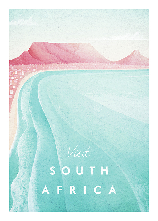  – Illustratie van roze bergen en een roze strand met een blauwe oceaan op de voorgrond