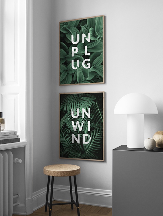 Grafische posters met citaat Unplug & Unwind