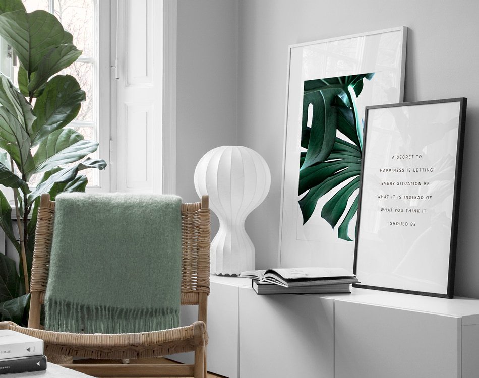 Groene rustige woonkamerinrichting, plantenposters