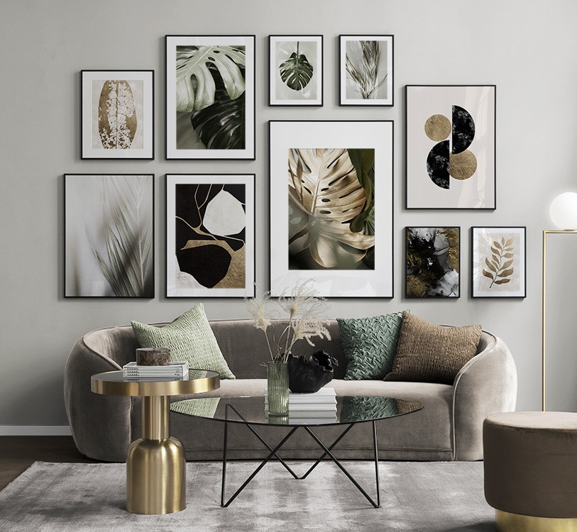 Botanische posters met monstera´s in goud en groen