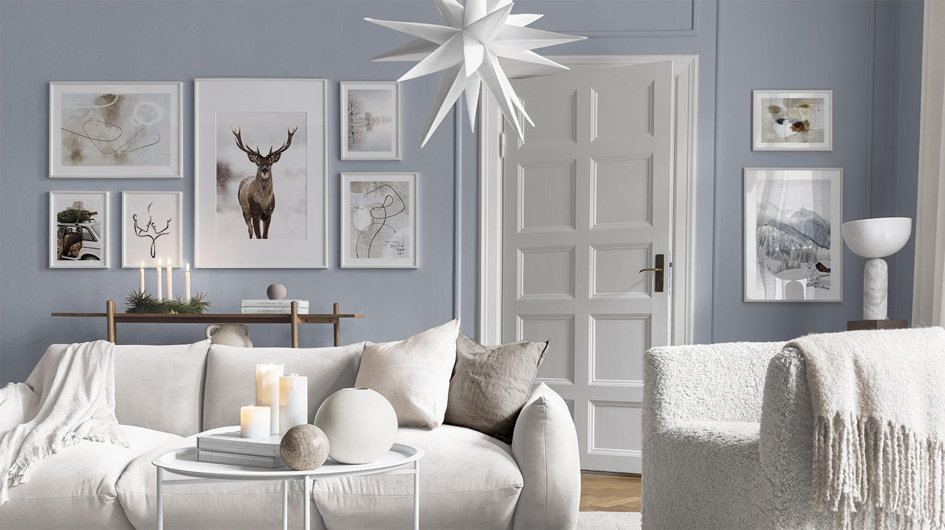 Serene winterposters en illustraties in rustige kleuren voor in de woonkamer